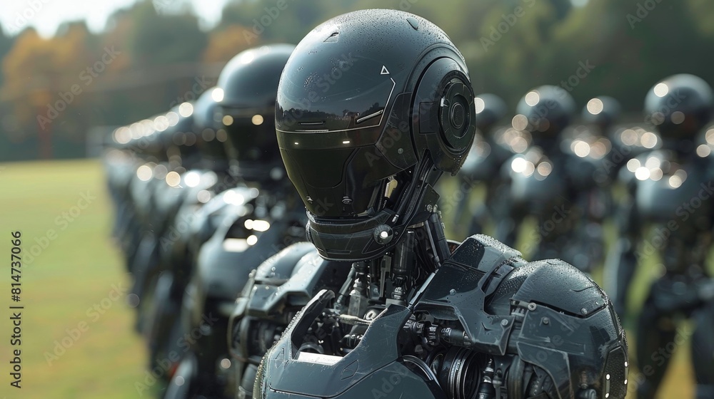 Poster A row of black robots stands upright in a vast field, showcasing a futuristic and organized sight.