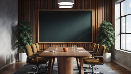 A clean and professional conference room interior featuring a blank blackboard mockup. The room is equipped with a long table