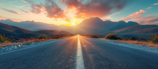 Asphalt road with mountain view with sky clouds at sunset