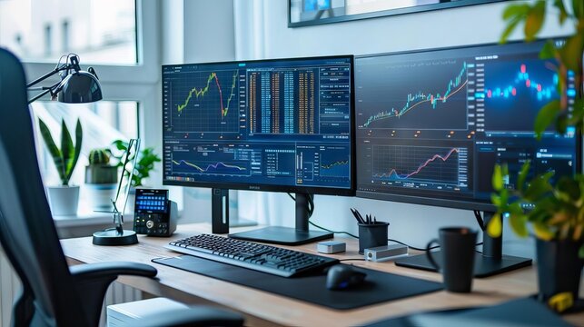 A financial analyst s workstation with dual monitors, a Bloomberg terminal, and a set of sophisticated financial modeling tools