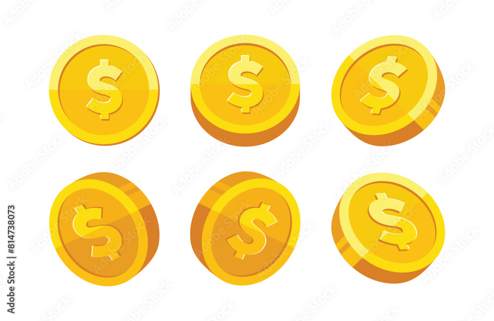 Wall mural gold coin with dollar us currency sign rotation vector illustration set isolated on white background