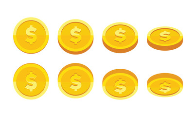 Gold coin with dollar us currency sign rotation vector illustration set isolated on white background. Business and finance concept design element.