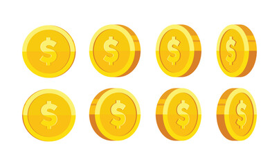 Gold coin with dollar us currency sign rotation vector illustration set isolated on white background. Business and finance concept design element.