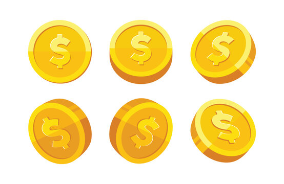Gold coin with dollar us currency sign rotation vector illustration set isolated on white background. Business and finance concept design element.