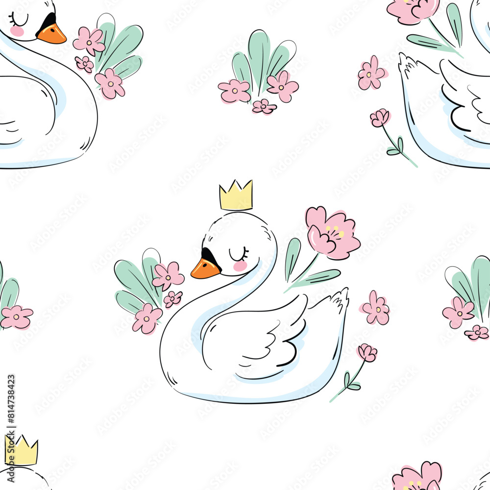 Fototapete vector swan seamless pattern, background with cute bird swan design fabric print