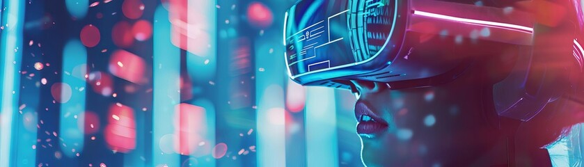A futuristic scene with a person wearing virtual reality glasses, virtually signing and interacting with smart contracts in a 3D space