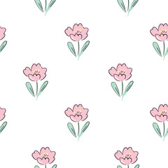 Cute little pink flowers on the blue background seamless pattern vector illustration