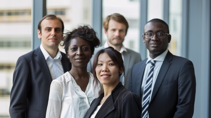 A professional team with ethnic diversity in a corporate environment, suits, shirts, ties.