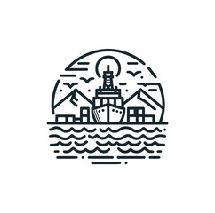 The line art of steamboat ship. Black white vector logo illustration. 
