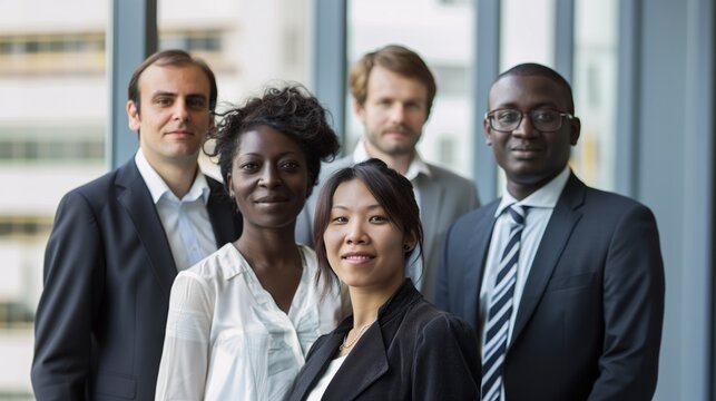 A professional team with ethnic diversity in a corporate environment, suits, shirts, ties.