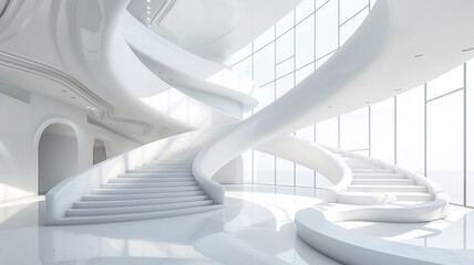 a white interior design in a futuristic style with a high ceiling and panoramic windows. There is a curved staircase