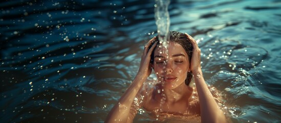 A beautiful Caucasian woman submerged in water, while a small stream of water wets her face.