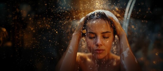 A beautiful Caucasian woman washing her hair with shampoo while water from the shower falls and foam forms, bathroom, hair care concept.