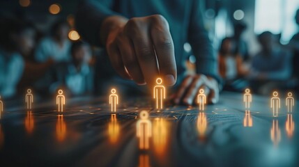 Human resources manager selecting a candidate from a social network of workers for a new hire, hologram of people icons on a table.