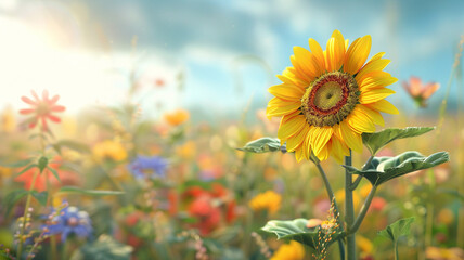 Beautiful sunflower on blurred background of a field with blooming flowers