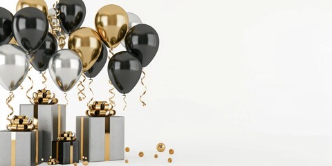 Elegant Black and Gold Celebration Setup with Balloons and Gifts