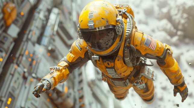 A man dressed in a space suit is jetting through the vast emptiness of space, surrounded by twinkling stars and distant galaxies. - Powered by Adobe