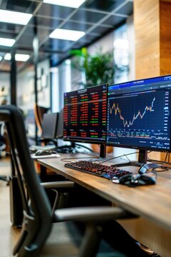 Modern Financial Analyst Workspace with Multiple Monitors Displaying Market Data
