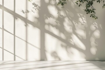 White wall with shadow of window and plant, abstract background. Generative AI