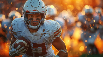 Mud-splattered football player in action, attentively running with the ball at sunset.