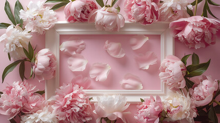 Pastel wooden frame with peonies border empty space for text