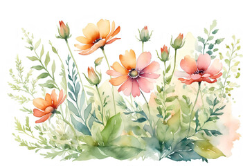 Watercolor cosmos flowers hand drawn illustration on white background