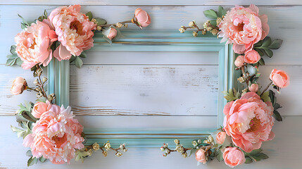 Pastel wooden frame with peonies border empty space for text