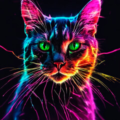 A tangle of feline animals on a neon black background of digital particles.