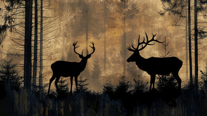 silhouette of two deer in the forest