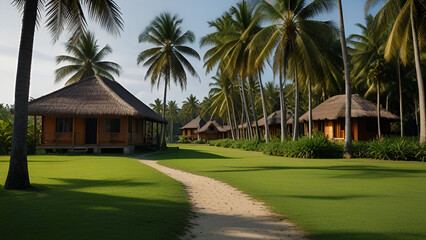 Sunlit Tropical Beach with Lush Palms and Rocks. Generative AI.