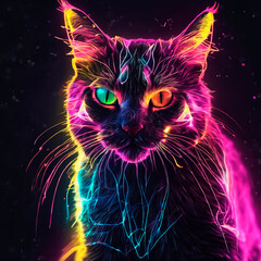 A tangle of feline animals on a neon black background of digital particles.