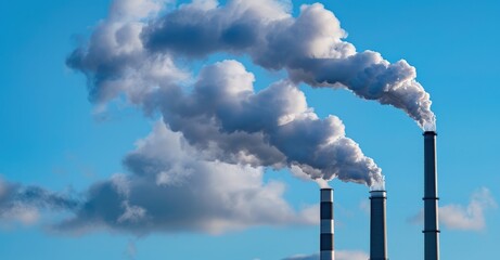 Industrial chimneys emitting large cloud of white and gray smoke into the sky, air pollution, environmental pollution.