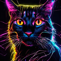 A tangle of feline animals on a neon black background of digital particles.