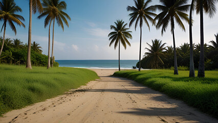 Obraz premium Sunlit Tropical Beach with Lush Palms and Rocks. Generative AI.