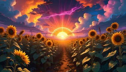 sunflower field with rays of sunlight, lots of clouds,4k, art nouveau style, sunset colours, very detailed