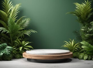 Obraz premium Product background, light marble pedestal and tropical plants in the background