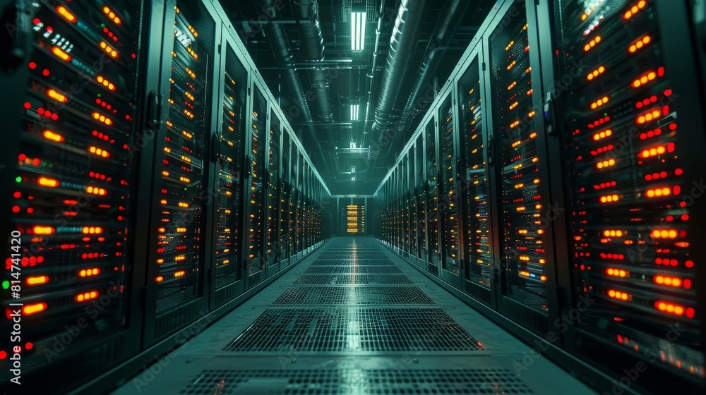 Poster elegant photo of network servers in a row, led lights dimly illuminating a secure, restrictedaccess 