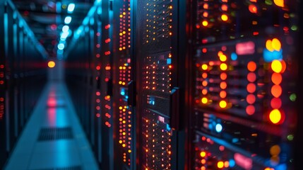 Elegant photo of network servers in a row, LED lights dimly illuminating a secure, restrictedaccess data center