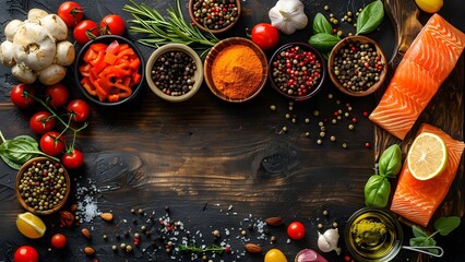 Dark background with flavorful herbs and spices.
