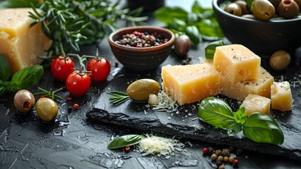 Tasty combination of parmesan cheese, herbs, and olives on a dark slate surface.
