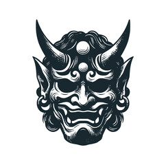 The hannya japanese mask. Black white vector logo illustration.