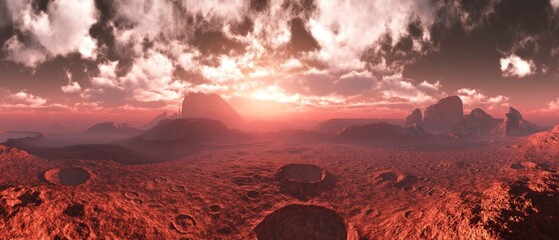 Mars at sunset, panorama of Mars, alien landscape, a panorama of a surface of another planet, 3D rendering