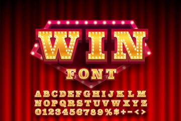 Casino winner golden font, color red. English alphabet and numbers sign. Vector illustration