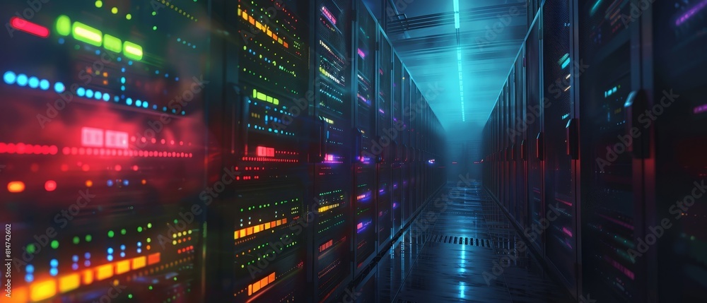 Poster hyperrealistic digital painting of a row of network servers, with each led light casting a sharp, fo