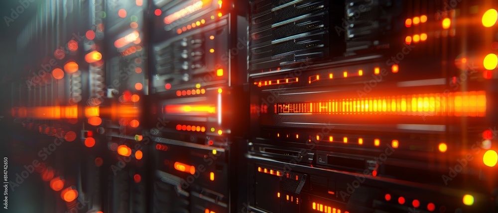 Poster hyperrealistic digital painting of a row of network servers, with each led light casting a sharp, fo