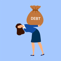 Debt burden, financial obligation or loan payment, heavy load of money failure, mortgage or borrowing money problem concept, tried businessman carrying big debt money bag.