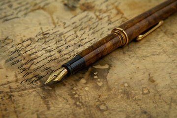 An antique pen lying on top of antique paper