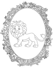 Lion in A Floral Frame Coloring Page. Printable Coloring Worksheet for Kids. Educational Resources for School and Preschool.