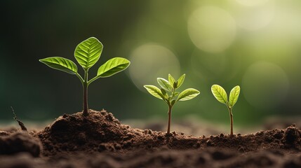 Fototapeta premium Sunlit green plant emerging from the soil. A vibrant green plant emerges from the soil, basking in the warm sunlight.
