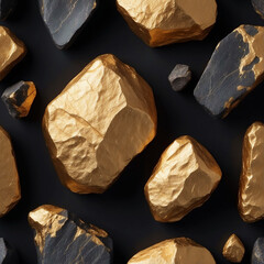 A heap of gold, a pile of raw gold stones. Golden nuggets pattern. Golden stone on a black...
